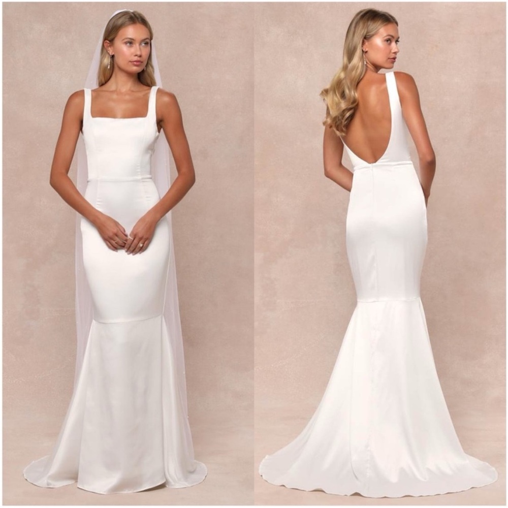 NWT - Lulus Women Luxe Loveliness White Satin Backless Mermaid Maxi Dress Bride